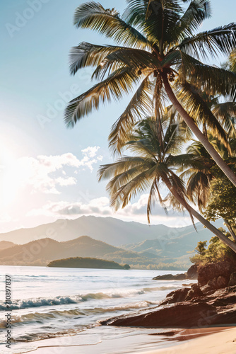 Sunny exotic beach by the ocean with palm trees at sunset summer vacation Generate AI