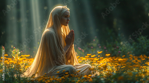 An ethereal scene of a beautiful nun immersed in prayer in a tranquil garden, bathed in soft sunlight filtering through the leaves, capturing the serene connection between spiritua photo