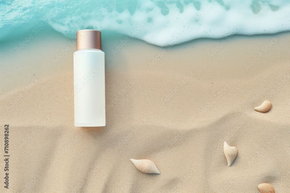 A transparent bottle with a cosmetic product lies on the sand next to sea water and the coastline A transparent bottle with a cosmetic product lies on the sand next to sea water and the coastline