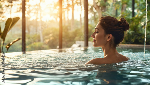 Serene woman enjoying a spa pool at twilight. Generative AI image