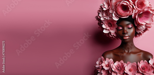 Beautiful portrait African woman make up face looking camera with pink flowers and hands holding.