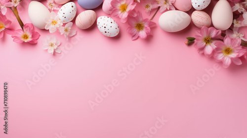 Lots of flowers and colorful Easter eggs on a pink background with copy space 