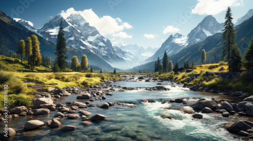 Landscape, nature, snowy mountains, river, forest, realism, front view.