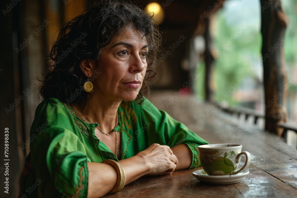Warm and thoughtful portrait of a Hispanic woman, Kodak Portra film effect, gazing out a window on a rainy afternoon, coffee in hand Warm and thoughtful portrait of a Hispanic woman, Kodak Portra film effect, gazing out a window on a rainy afternoon, coffee in hand