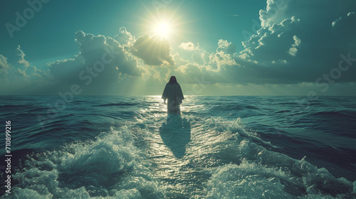 Jesus Christ walks on water. Sunset on the lake. The Gospel illustration. Christian Religious Photo for Church publications