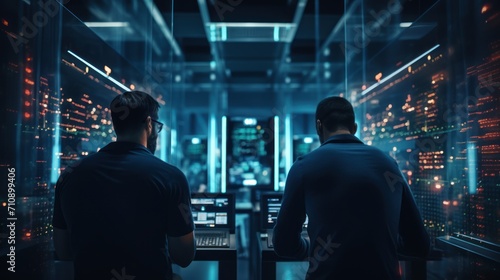 Pair of IT engineers , surrounded by rows of blinking server racks in a technologically advanced data center, developing innovative solutions on their sleek laptops.
