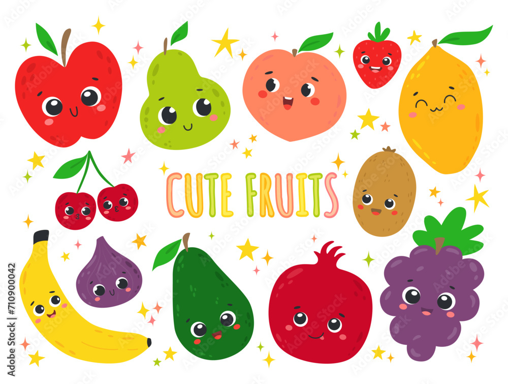 custom made wallpaper toronto digitalSet of kawaii fruits in hand-drawn cartoon style. Cute faces of food. Funny characters for stickers, posters, cards, invitations and nursery room decor. Colorful childish vector illustration isolated