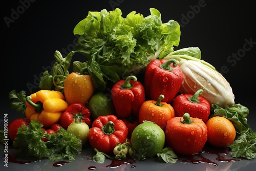 Fresh fruits and vegetables on black background. Healthy food. Diet concept.