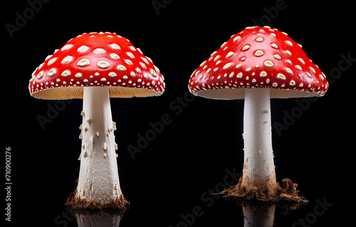 Two beautiful fly agarics isolated on a black background