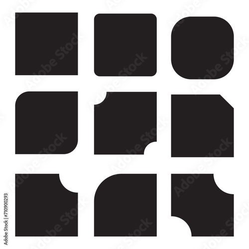 Set of 9 Square shapes icon, corner cut icon set. 9 set squared symbols with various cuts on selected corners. vector illustration Isolated on a white background.
