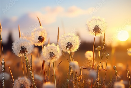 Serene morning sun over summer sky with magical blur bokeh nature background in vibrant colors