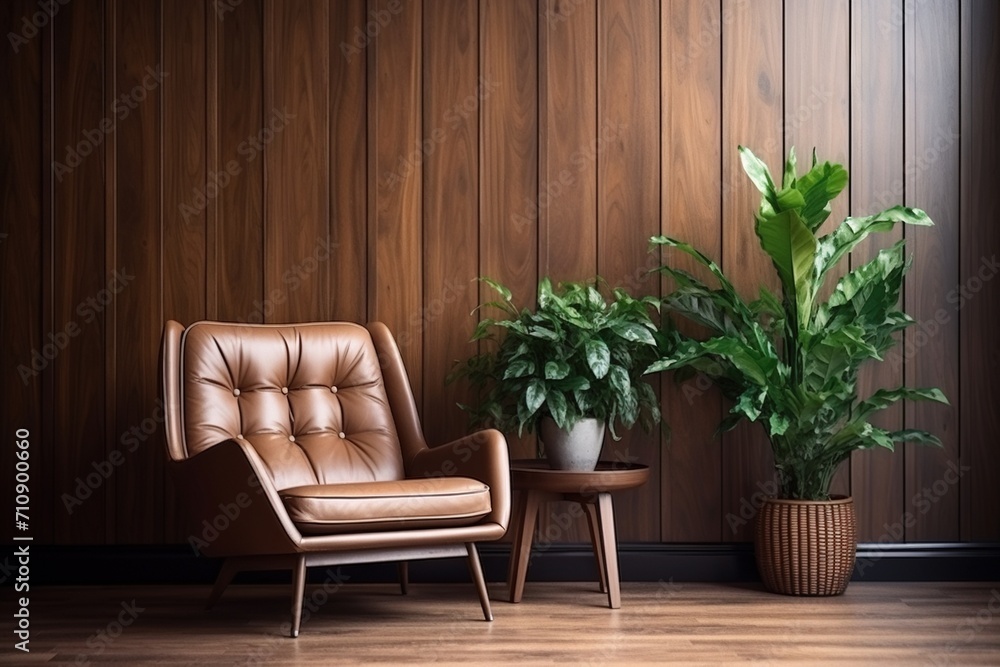 Mid-century modern style brown leather armchair with potted plants