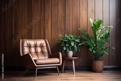 Mid-century modern style brown leather armchair with potted plants