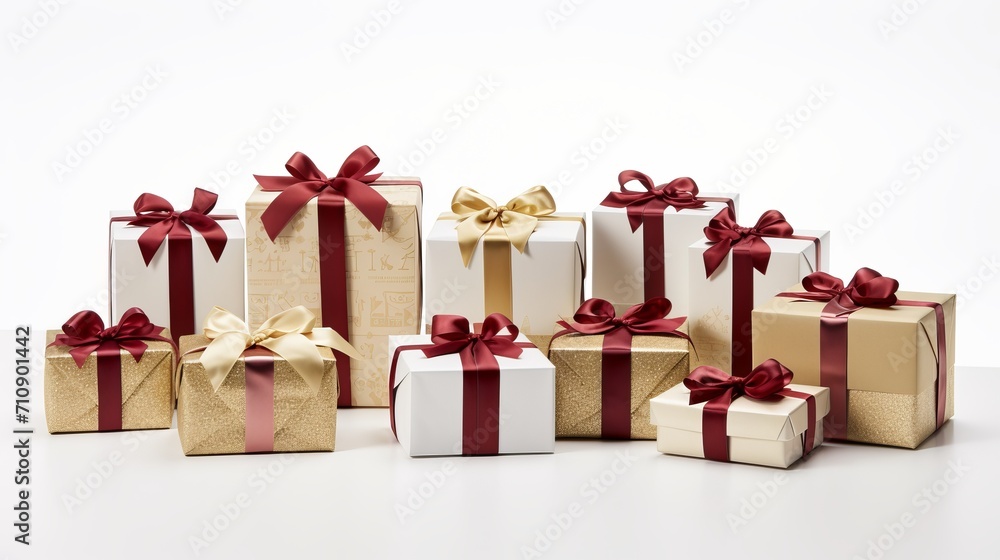 Obraz premium Red and white gift wrapped presents with ribbon bows on white background for celebrations