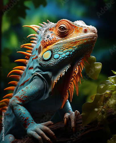A colorful chameleon sits on a tree branch.
