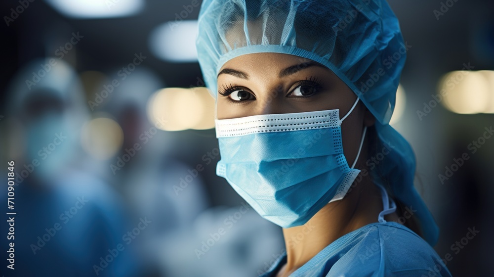 Portrait of a Confident Female Surgeon Wearing a Surgical Mask and Cap Portrait of a Confident Female Surgeon Wearing a Surgical Mask and Cap