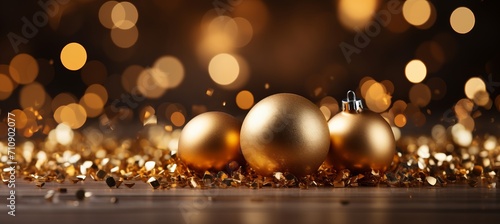 Golden christmas ornaments and bokeh lights in a winter night background with festive decorations
