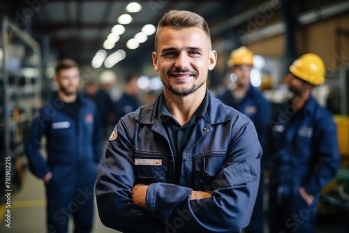 Portrait of a smiling factory worker in a group of coworkers photo