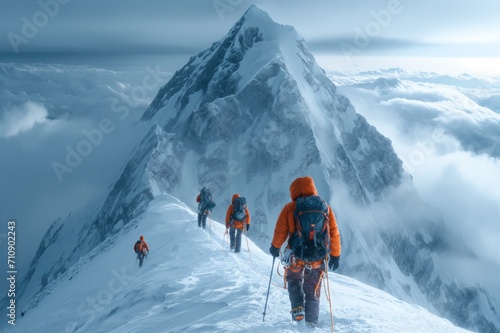 Group of climbers reaches to the mountain Peak Everest.