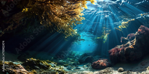 Underwater View of Sunlit Coral Reef