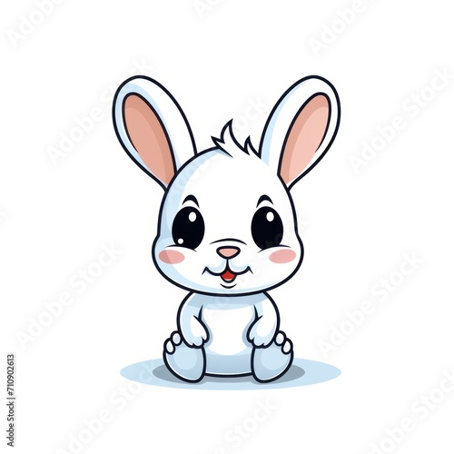 A cartoon illustration of a white bunny with pink cheeks and a pink nose. It has long droopy ears and is sitting down.