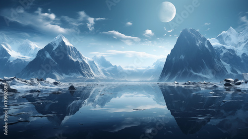 Futuristic fantasy landscape  space nature. sci-fi landscape with planet  neon light  cold planet. Galaxy  unknown planet. Dark natural scene with light reflection in water. Neon space galaxy portal