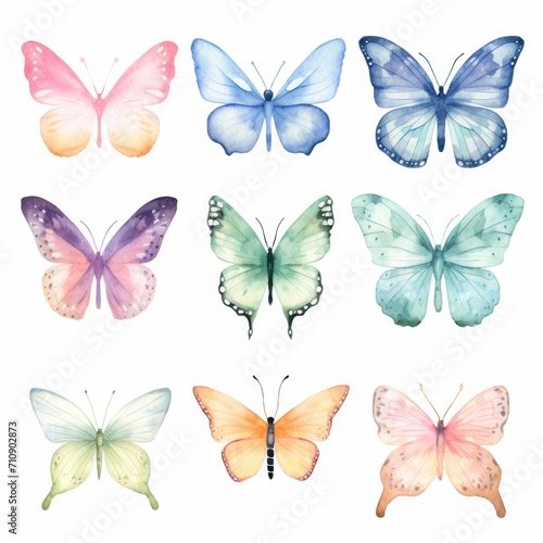 The image features nine colorful butterflies in various shades of blue, pink, yellow, and green. They are painted in watercolor and are of different sizes and shapes. The butterflies are set against a