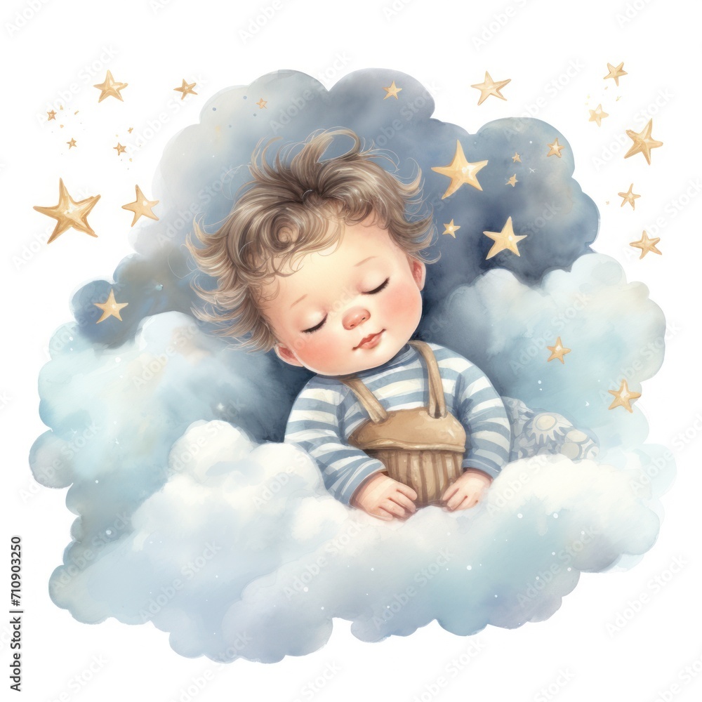 A baby is sleeping on a cloud with a night sky background and stars. A baby is sleeping on a cloud with a night sky background and stars.