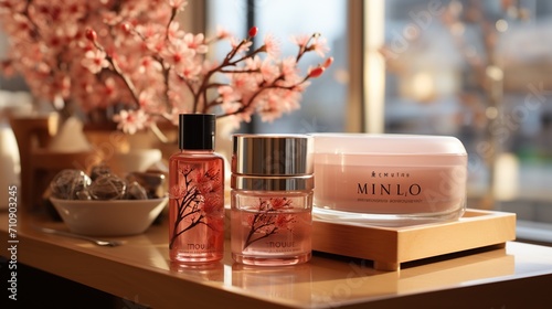 Tablou canvas Three bottles of THANN's Sakura collection are placed on a wooden table with a small dish of wrapped candies and a bowl of pink cherry blossoms