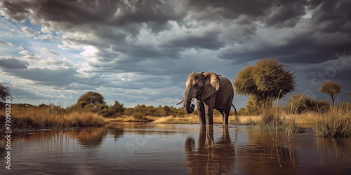 Elephant in Water Under Cloudy Sky - Majestic Wildlife in Natural Habitat