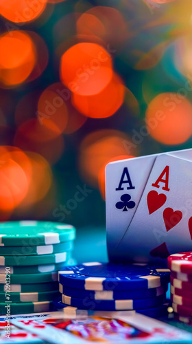 two aces, one of clubs and one of hearts, with a stack of colorful poker chips in the background, all set against a bokeh of warm lights creating a rich casino atmosphere