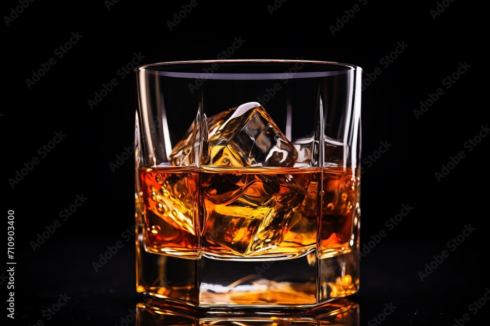 Elegant whisky glass with golden amber liquor, isolated on black background for text placement Elegant whisky glass with golden amber liquor, isolated on black background for text placement