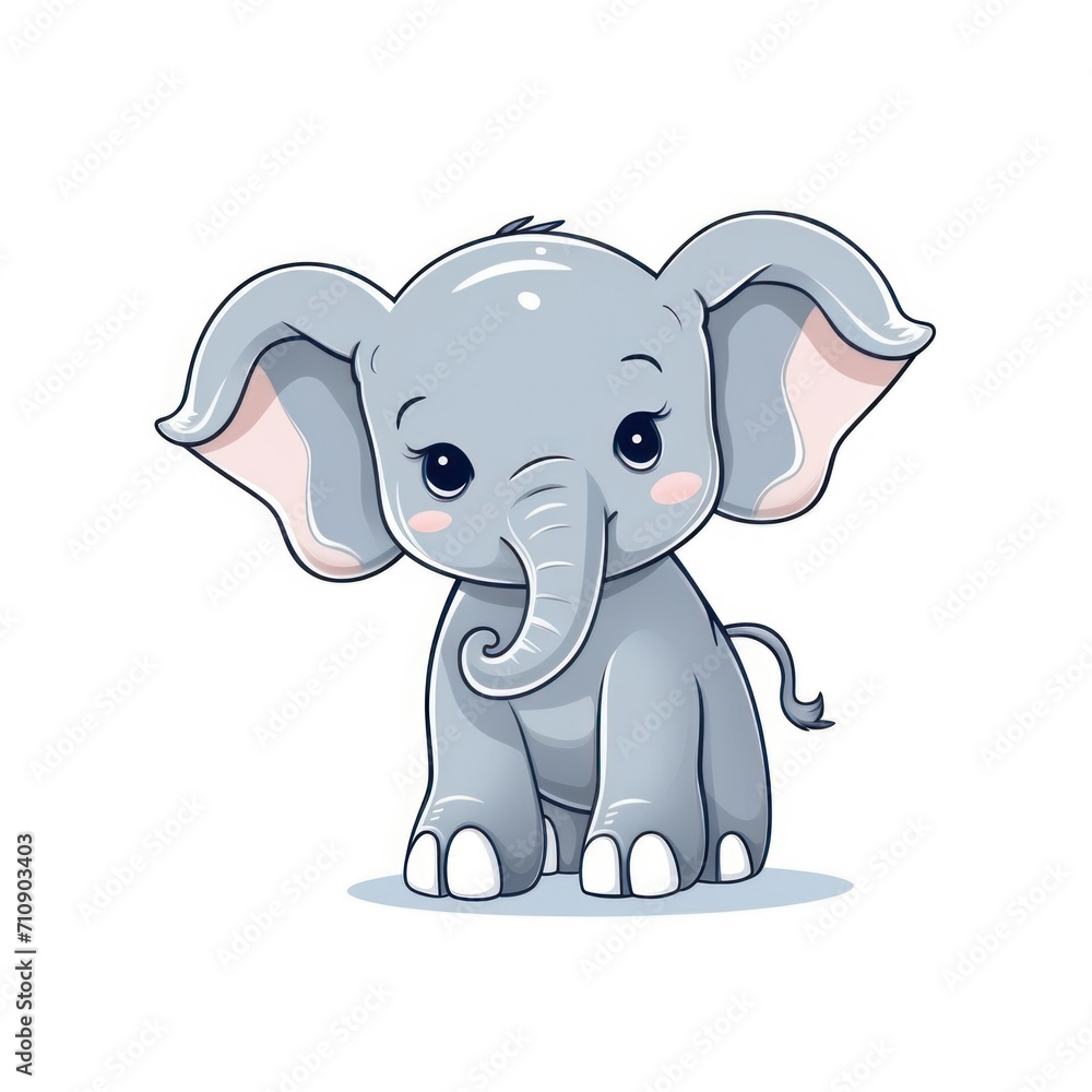 A cartoon baby elephant with a long trunk and big eyes. It is grey with a pink tummy and pink cheeks. It has small ears and stands on four white legs. The elephant is facing the viewer. A cartoon baby elephant with a long trunk and big eyes. It is grey with a pink tummy and pink cheeks. It has small ears and stands on four white legs. The elephant is facing the viewer.