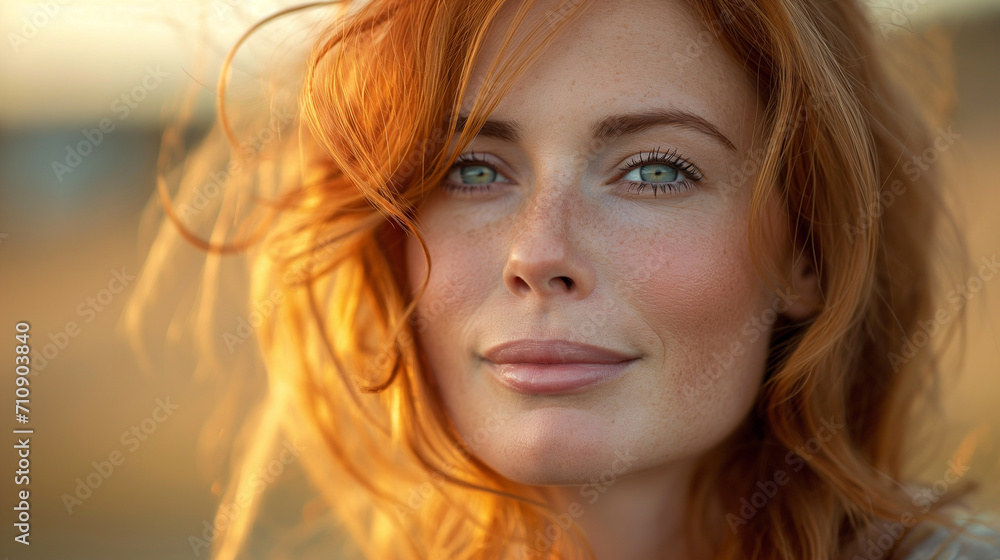 Beautiful redheaded smiled woman. Blue eyes and long wavy red hair. Looking forward. Beautiful redheaded smiled woman. Blue eyes and long wavy red hair. Looking forward.