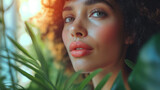Beautiful young mulato woman in tropic plants . Blue eyes and cutly hair. Looking forward. 