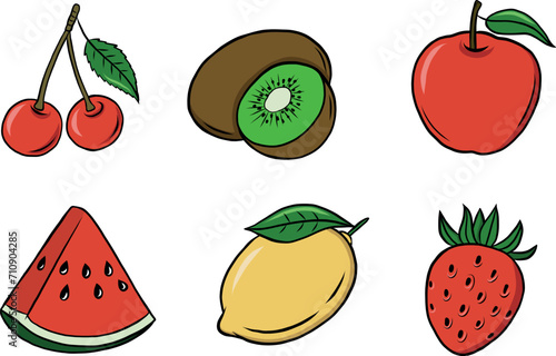 Fruits illustration, graphics, vector, hand drawn clipart, fruits: cherry, kiwi, apple, watermelon, lemon, strawberry (ID: 710904285)