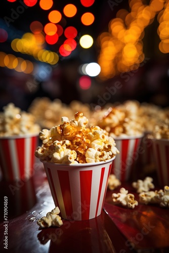 Caramel popcorn in red and white striped container with blurred lights in the background
