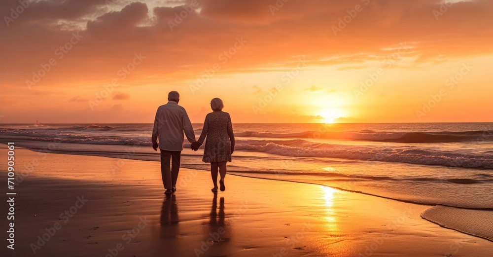 A heartwarming scene of a retired couple walking along the beach at sunset, embodying relaxation and the joys of retirement.