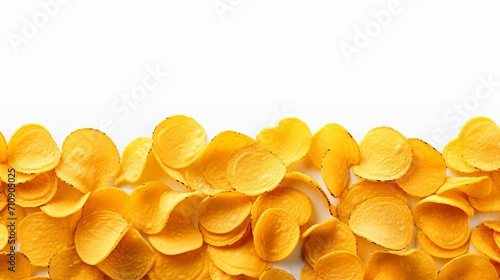 Crispy potato chips isolated on white background with copy space for design or message photo