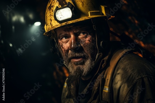 In a coal mine, there is a portrait of a miner working with a headlamp