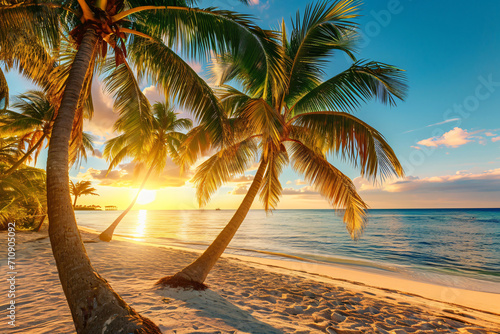 Sunny exotic beach by the ocean with palm trees at sunset summer vacation Generate AI photo