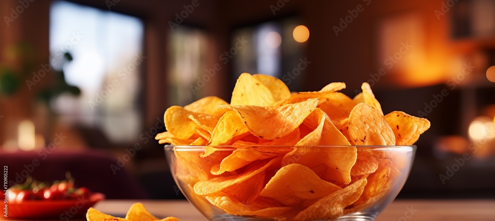 Crunchy and savory potato chips on a defocused background with ample copy space for text placement