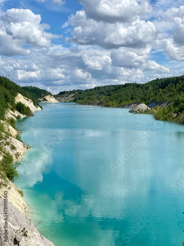 Azure, turquoise chalk lake on a bright sunny summer day