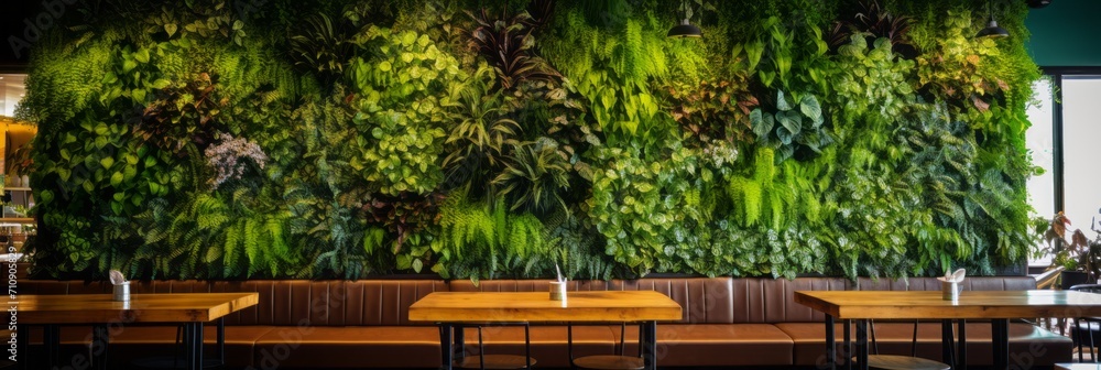 A modern cafe or restaurant with a living wall of greenery, biophilic design, eco friendly green nature design landscape in building, vertical gardening, banner