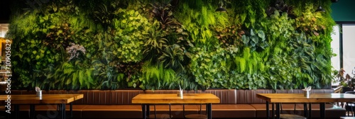 A modern cafe or restaurant with a living wall of greenery, biophilic design, eco friendly green nature design landscape in building, vertical gardening, banner