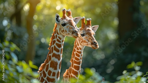 Two giraffes in sunlit forest, gentle giants amidst trees. AI