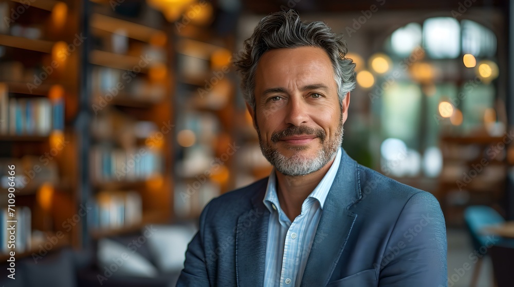 Confident professional man posing in a library setting. smiling gently, wearing a suit. AI Confident professional man posing in a library setting. smiling gently, wearing a suit. AI
