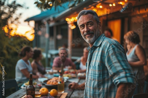 Family barbecue scene with a mature man at the forefront, smiling and enjoying the gathering with loved ones