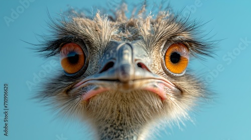 Up-close portrait of an ostrich with vivid eyes against a clear sky. quirky and engaging wildlife photo. AI