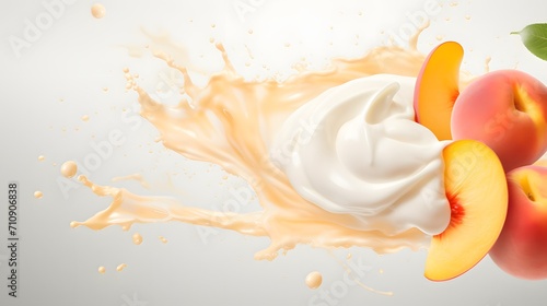 Peach and mango into milk, yoghurt, sour cream, Splash. Fresh fruit yogurt splash with ripe Peach. Healthy breakfast meal label design or advertising element with yogurt, cream, milk and mango photo